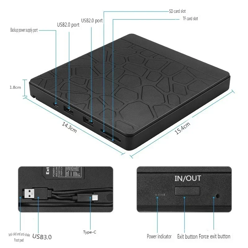 외장 드라이브 USB 3.0, C타입 슬림 외장 DVD, RW CD 라이터, 드라이브 버너 리더 플레이어, SD, TF, USB3.0 슬롯 광학 드라이브