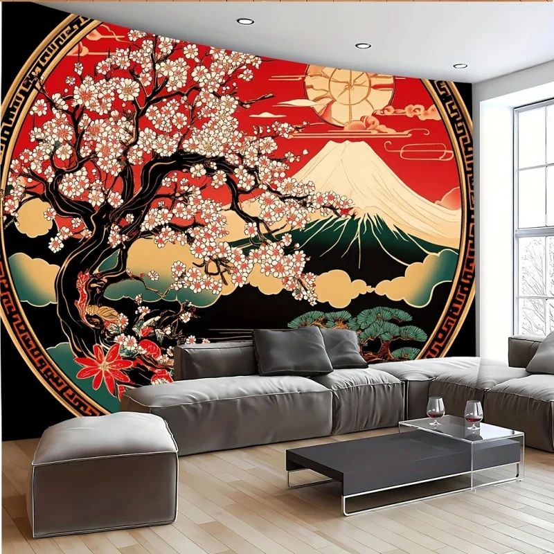 VIKAMA Mount Fuji Cherry Blossom Tapestry, Suitable For Hanging On The Walls Of Living Room And Bedroom, For Home Decoration.