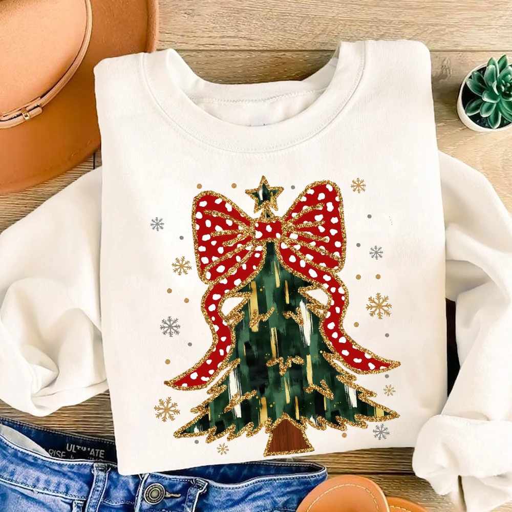 Colorful Coquette Christmas Tree Print Sweatshirt Girly Christmas Tree Bow Hoodie Winter Girl Long Sleeve Clothes Xmas Party Top