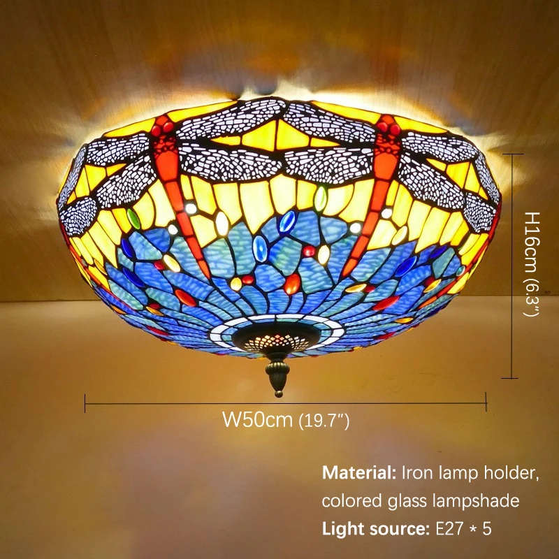 OUFULA Tiffany Ceiling Light American Countryside Bedroom Study Modern Creative Bar Counter Corridor Colored Glass Ceiling Light