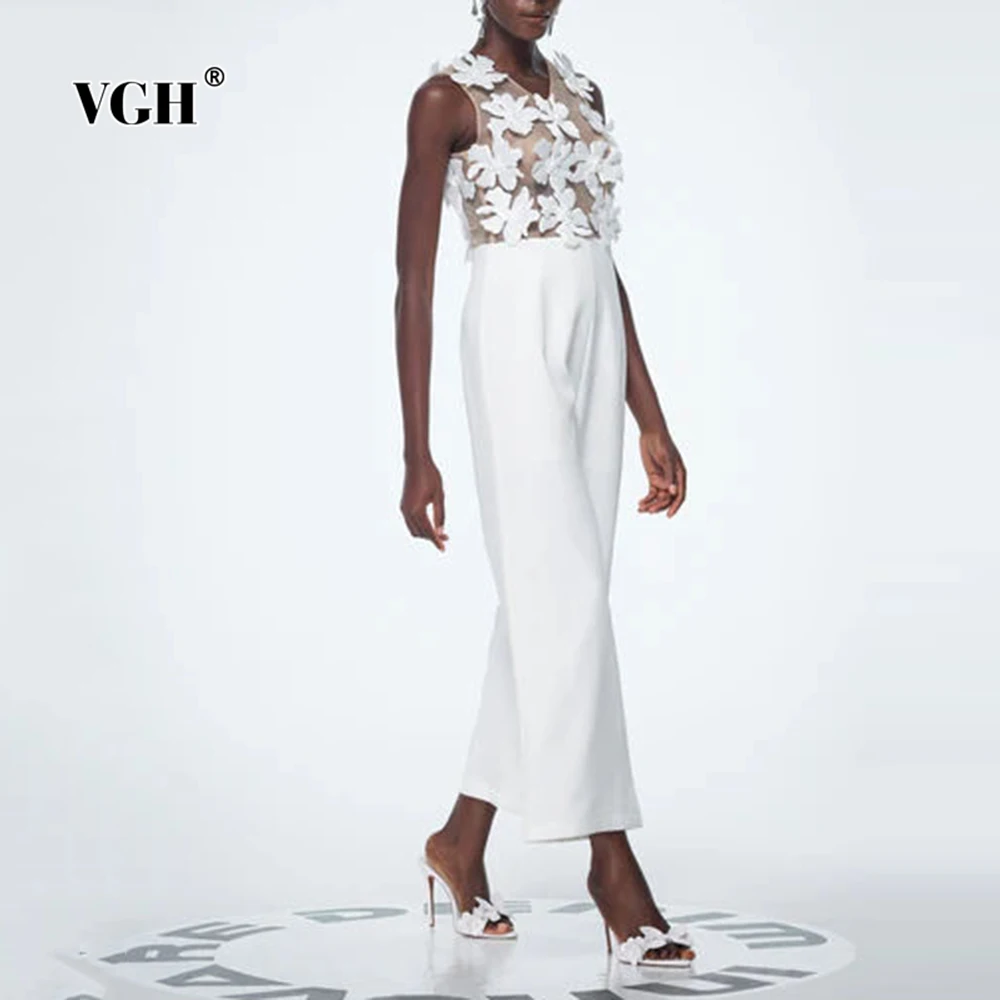 

VGH Elegant Slimming Spliced Appliques Jumpsuits For Women V Neck Sleeveless High Waist Temperament Jumpsuit Female Fashion New