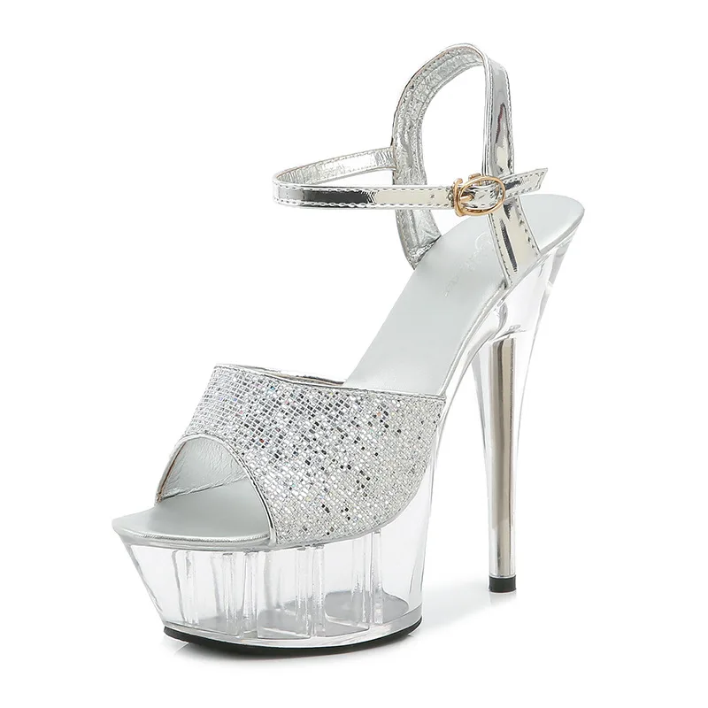 Silver Exotic 6Inch Women\'s Sandals Peep Toe Crossdresser Catwalk 15cm High Stripper Heels Catwalk Sexy Fetish Shoes Big Size