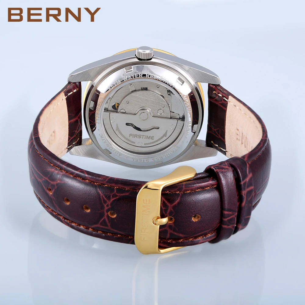 BERNY Men Gold Automatic Wristwatch Seagull 1632 Mechanical Leather Waterproof Relogio Masculino Day Date Calendar Luminous Hand