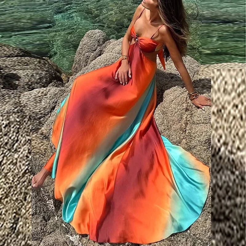 Moda ajustável suspender plissado vestido longo havaí cintura alta bohe vestido de festa sexy gradiente oco sem costas vestidos de praia