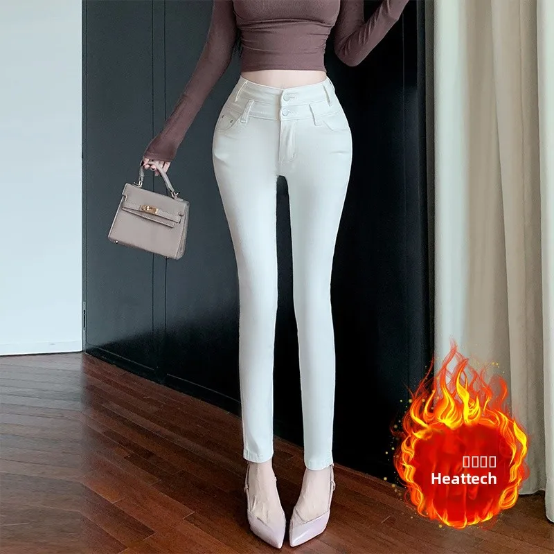 

Облегающие джинсы с подкладкой Fce, женские джинсы с высокой талией, хлопковые эластичные джинсовые зимние джинсы с девятью цветами, чистый цвет