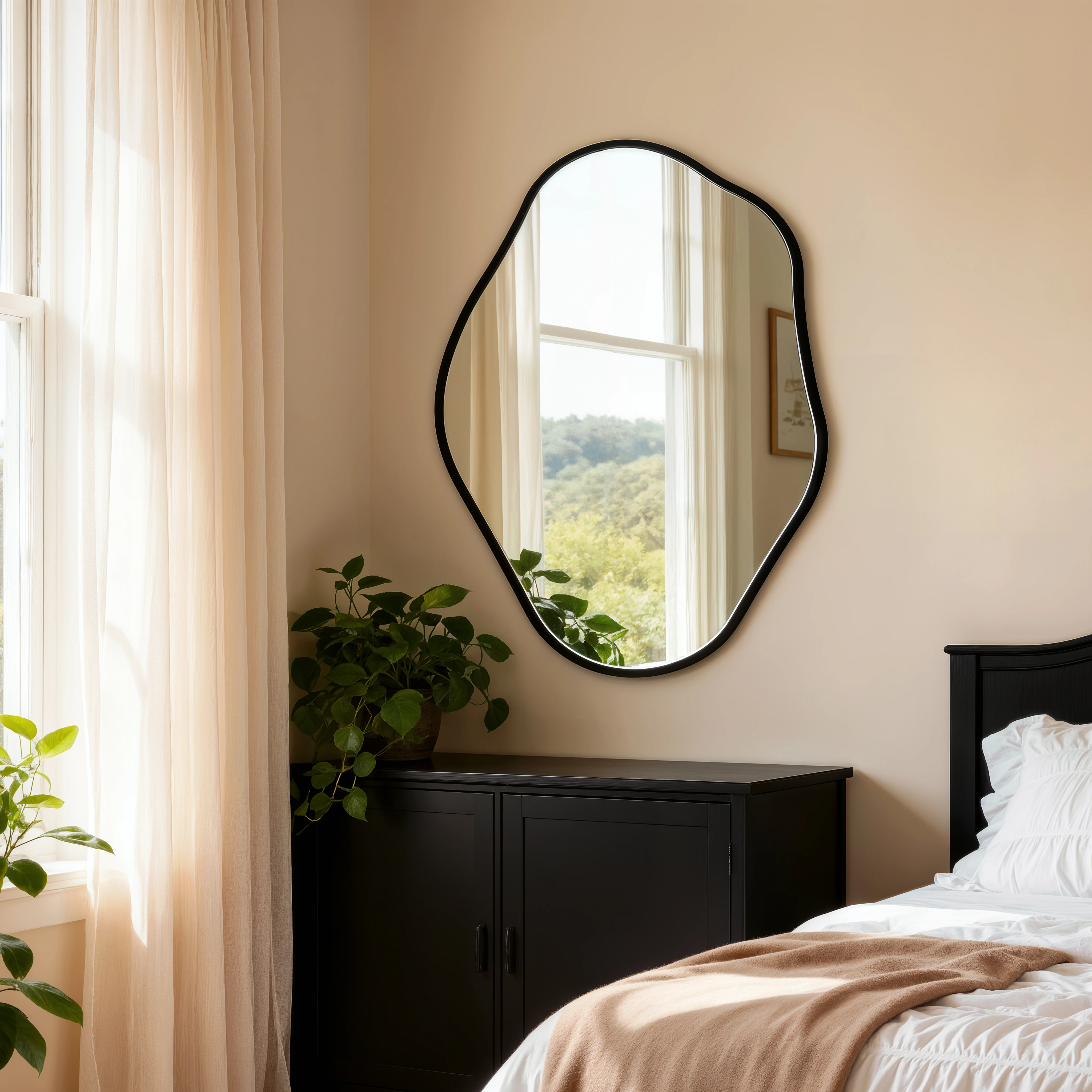 Asymmetrical Black Wall Mirror, Large Irregular Modern Wall Mounted Mirror with Aluminum Alloy Frame, Unique Freeform Decorative Art Mirror for Living Room, Bedroom, Entryway & Hallway