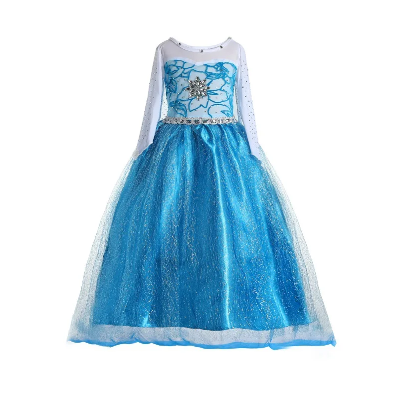 Elsa Dress Cosplay Princess Dress Light Blue Long Sleeve Sequin Children Dresses Girls Summer Costume Halloween Party Clothing