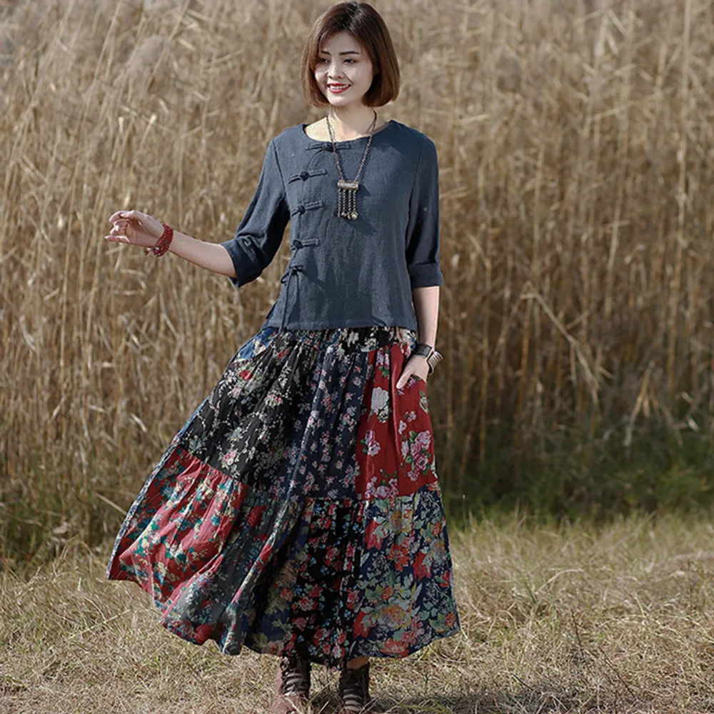 فستان نسائي طويل من القطن مُزين بنقشة الزهور، لون بوهيمي، فريد من نوعه، ماكسي متعدد الألوان، تنورة خصر مطاطية، فضفاضة كاجوال للربيع والصيف #5