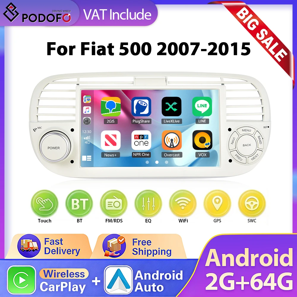 Podofo 7 "2Din Autoradio pour FIAT 500 2007-2015 Android 13 Autoradio sans fil Carplay Auto lecteur multimédia GPS WIFI Navi FM BT