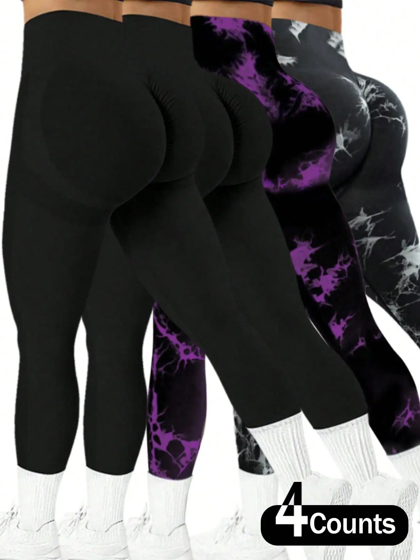 

4 шт. бесшовные высокоэластичные женские однотонные леггинсы для йоги и окрашенные в галстук леггинсы для йоги
