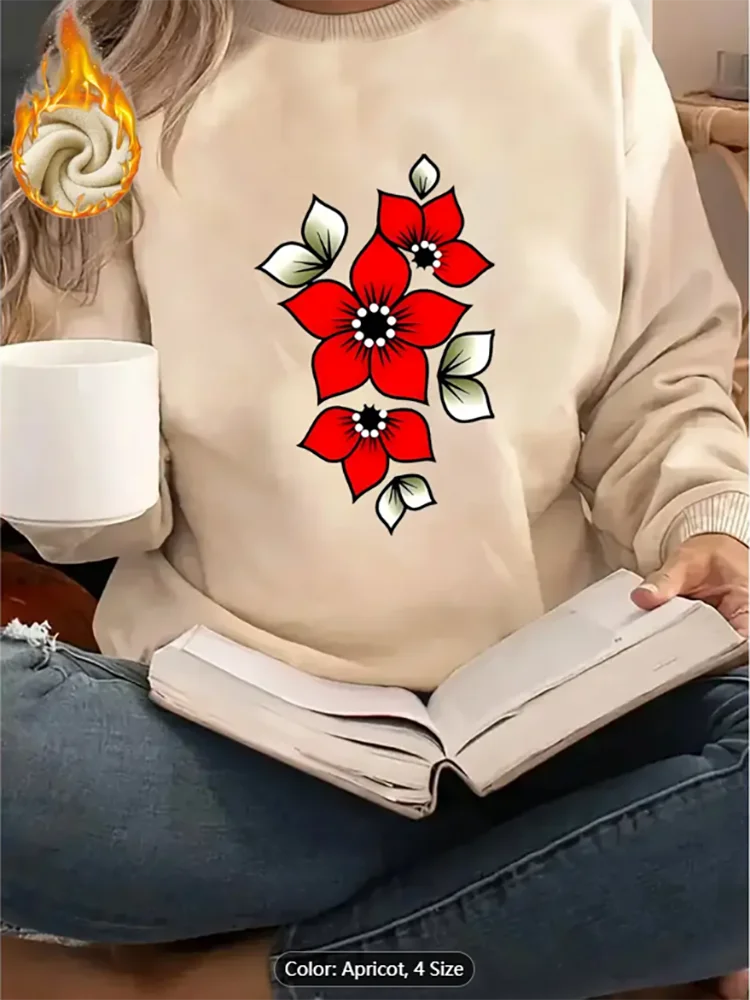 

Womens Grey Sweatshirt Red Floral Graphic Print Fleece Lined Casual Oversized Pullover Top for Floral Style Lovers Pure Cotton