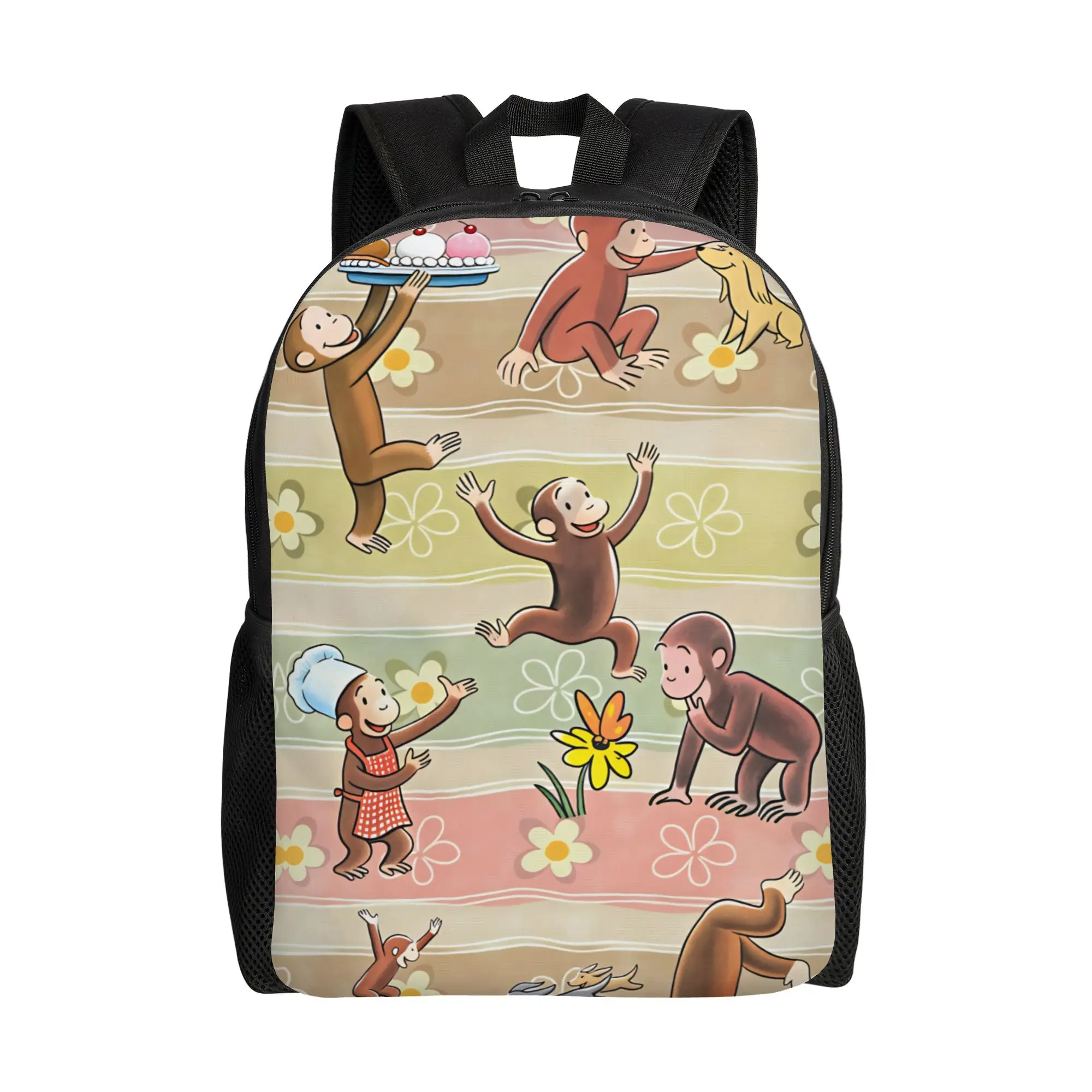Curious George Floral Multi Scene Print Backpack  Women Men Polyester Sport Backpacks Pattern Kawaii High School Bags Rucksack