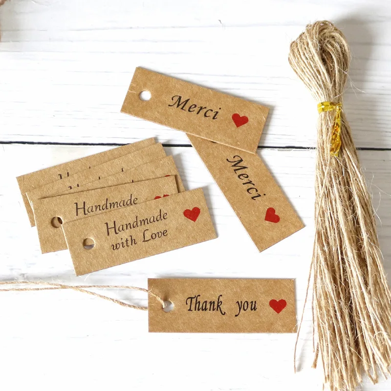 100pcs Kraft Paper Tags Handmade with Love Thank You Merci Tags Labels Wedding Birthday Christmas Party Supplies Gift Packaging