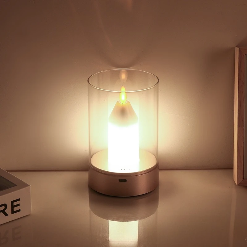 Designer Minimalist Clear Glass LED Floor Lights Creative Romantic Candle Ornament Bedroom Bedside Study Rechargeable Desk Lamps