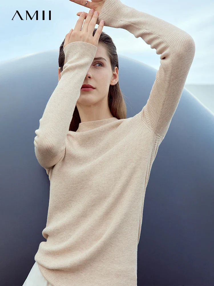 

AMII Sweater for Women Minimalism Mock Neck 2025 Autumn New Slim Office Lady Knitted Tops Female Long Sleeve Pullovers 12313001