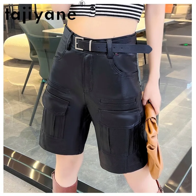 TAJIYANE Top Layer Cowhide Genuine Leather Shorts Cargo Shorts for Woman Slim Fit Straight Women's Shorts Black Bootyshorts 반바지