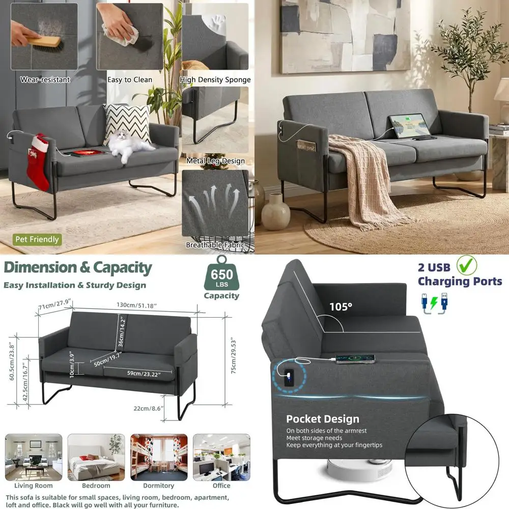 

Compact Grey Loveseat with USB Ports for Small Spaces and Comfortable Seating for 2