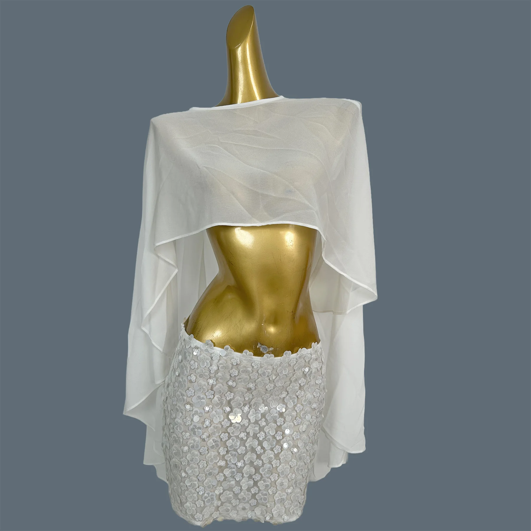 Women 2 Piece Chiffon Cape Top Floral Sequin Mini Skirt Set Women See Through Mesh Bodycon Bridal Party Sexy Outfit Chuju