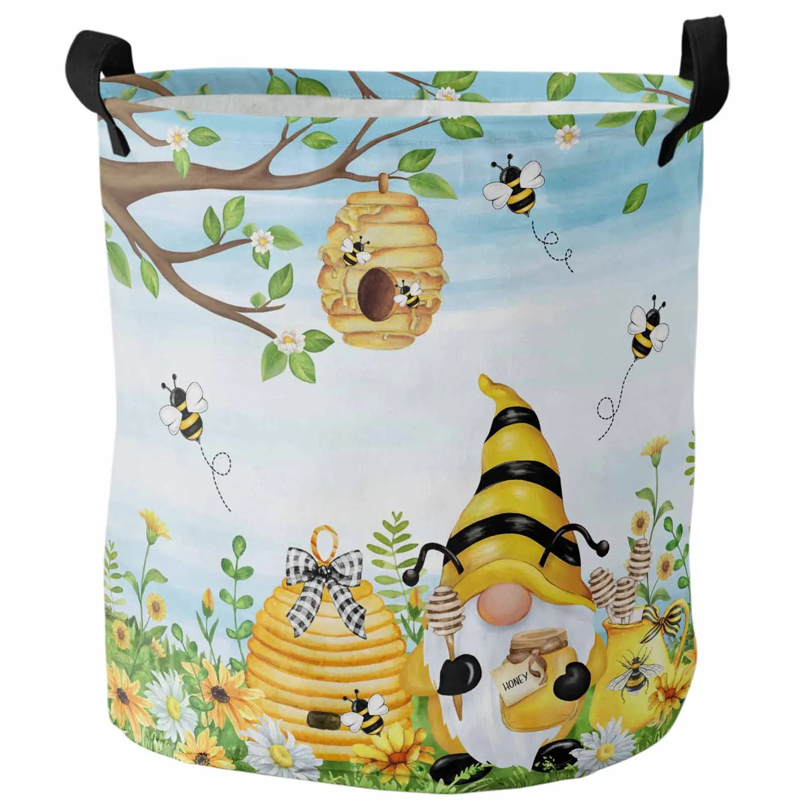 Watercolor Bee Dwarf Sunflower Daisy Branch Hive Dirty Laundry Basket Foldable Waterproof Organizer Clothing Toy Storage Basket