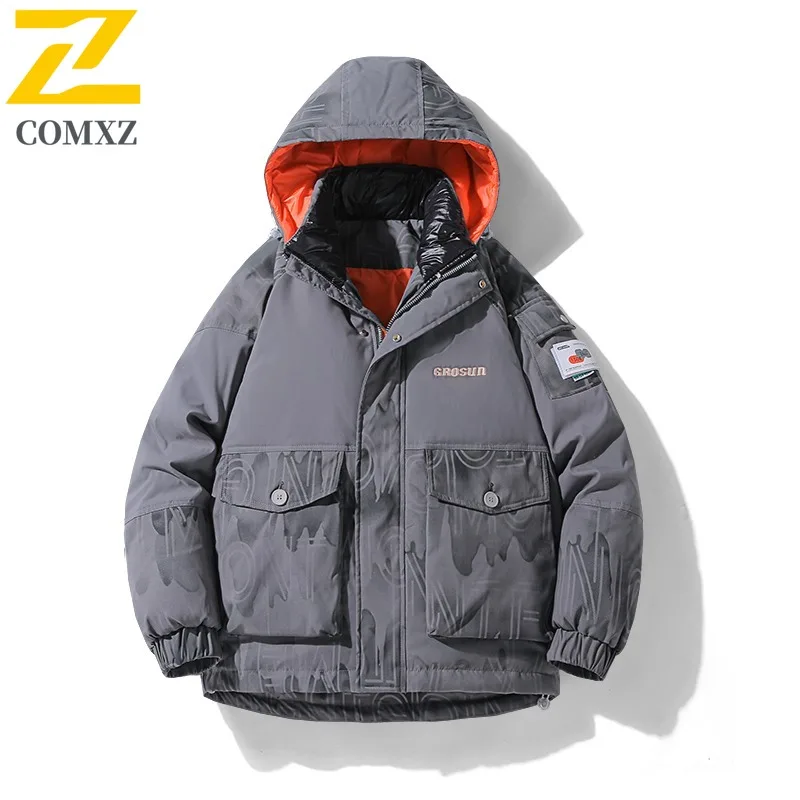 COMXZ 2025 New Winter Men Down Jacket Hooded Trend Thickened Thermal Mountain Patchwork waterproof and windproof outdoor Coat