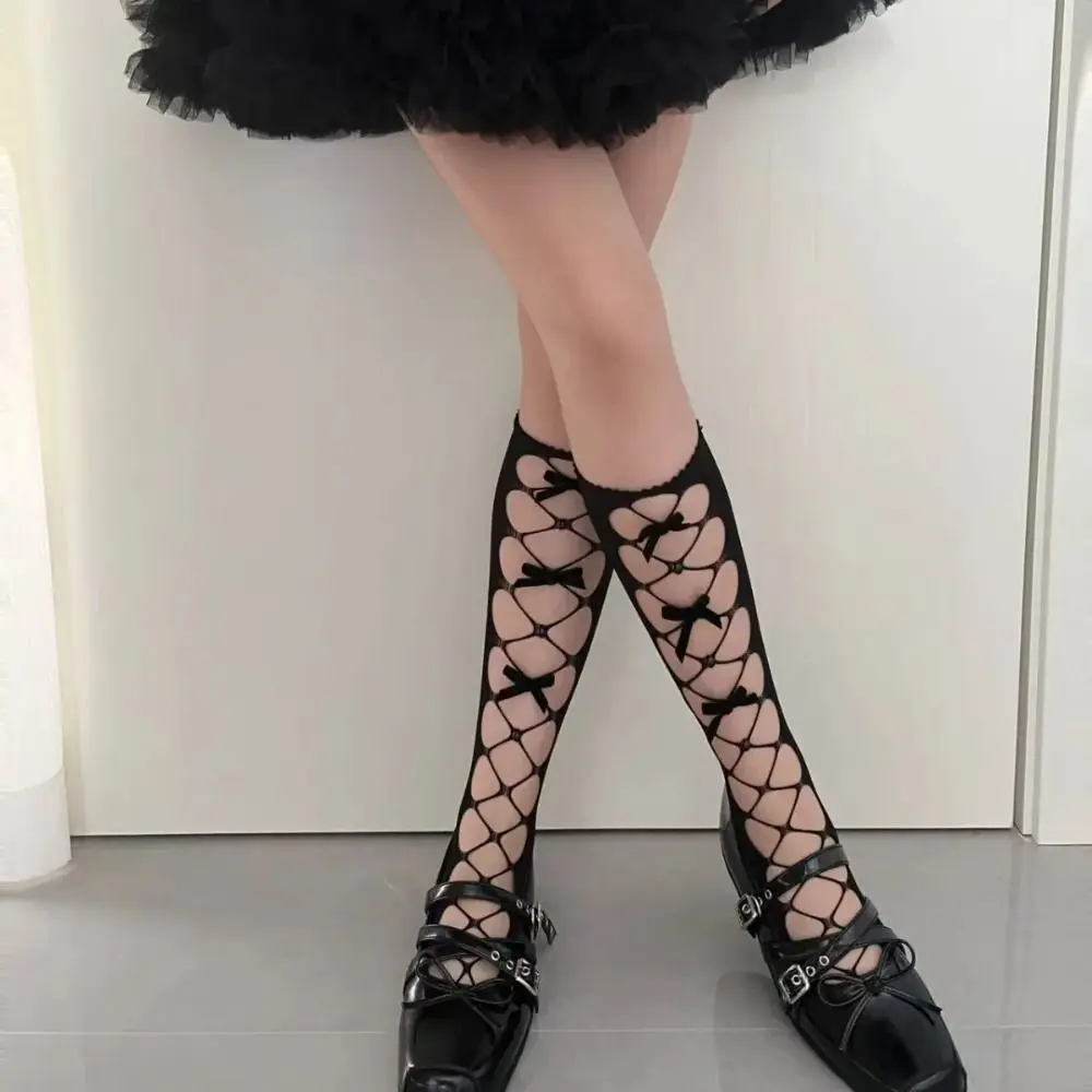 New Hollow Out Fishnet Socks Thin Fabric Ruffle Trim Net Stockings Bow Decor Bow Socks Daily Outfits