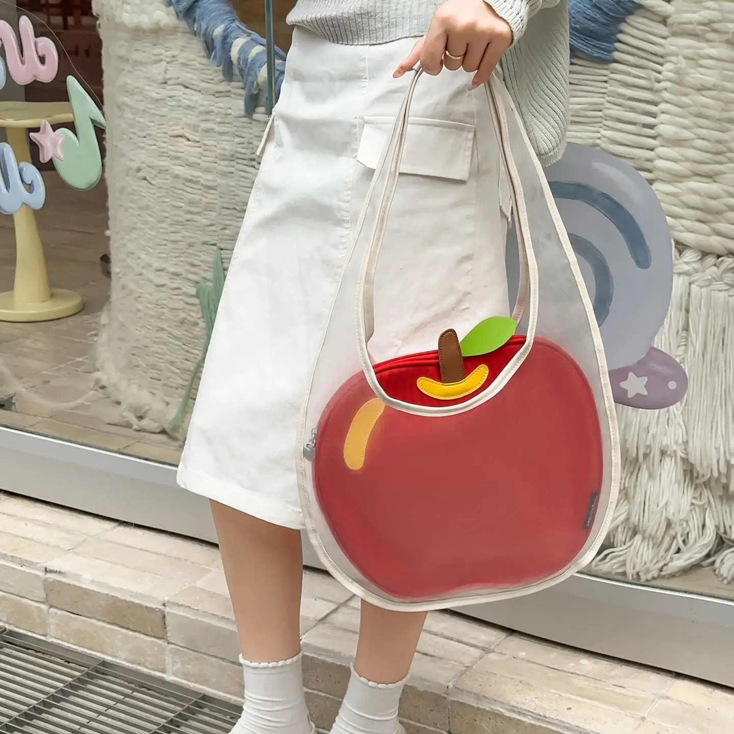 Japanese Sweet Cute Apple Handbag Women Mesh Jelly Large Capacity Composite Bag Ladies Cartoon Daily Commute Casual Shoulder Bag