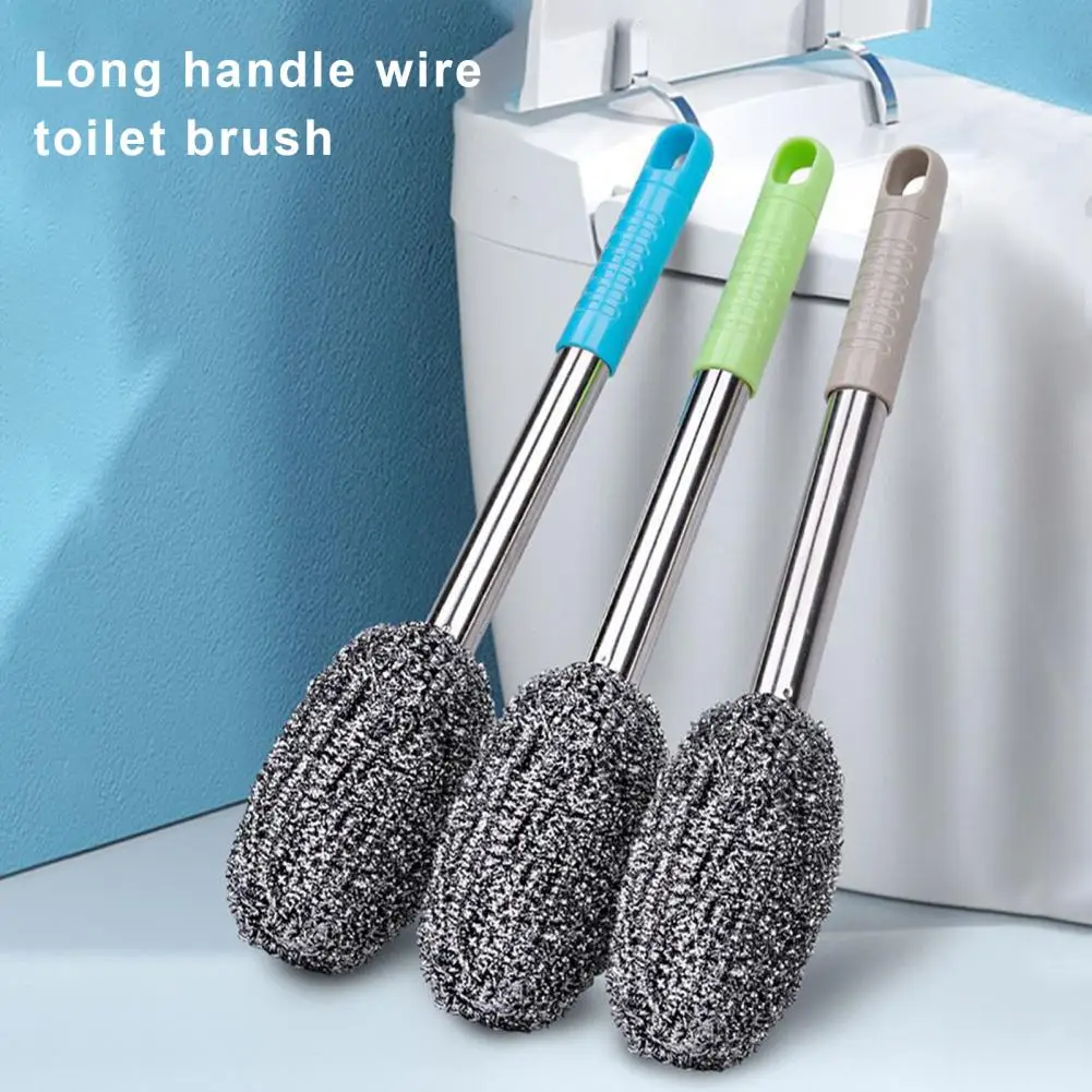 32cm Stainless Steel Sponge Scrubbing Scouring Pad Long Handle Built-in Spring Pot Pan Steel Wool Scrubber Bathroom Accessories