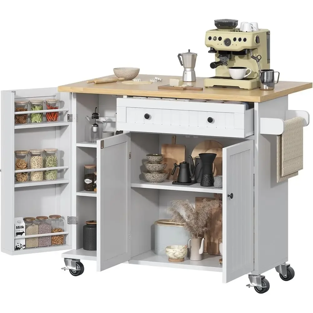 White Rolling Kitchen Island with Drop Leaf, Storage Cabinet, and Dining Room Cart
