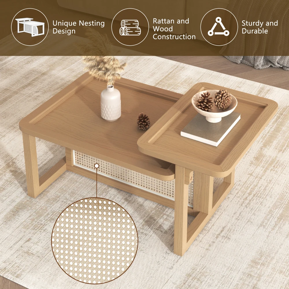 Conjunto moderno de 2 peças de madeira de vime + mesa de centro MDF em natural