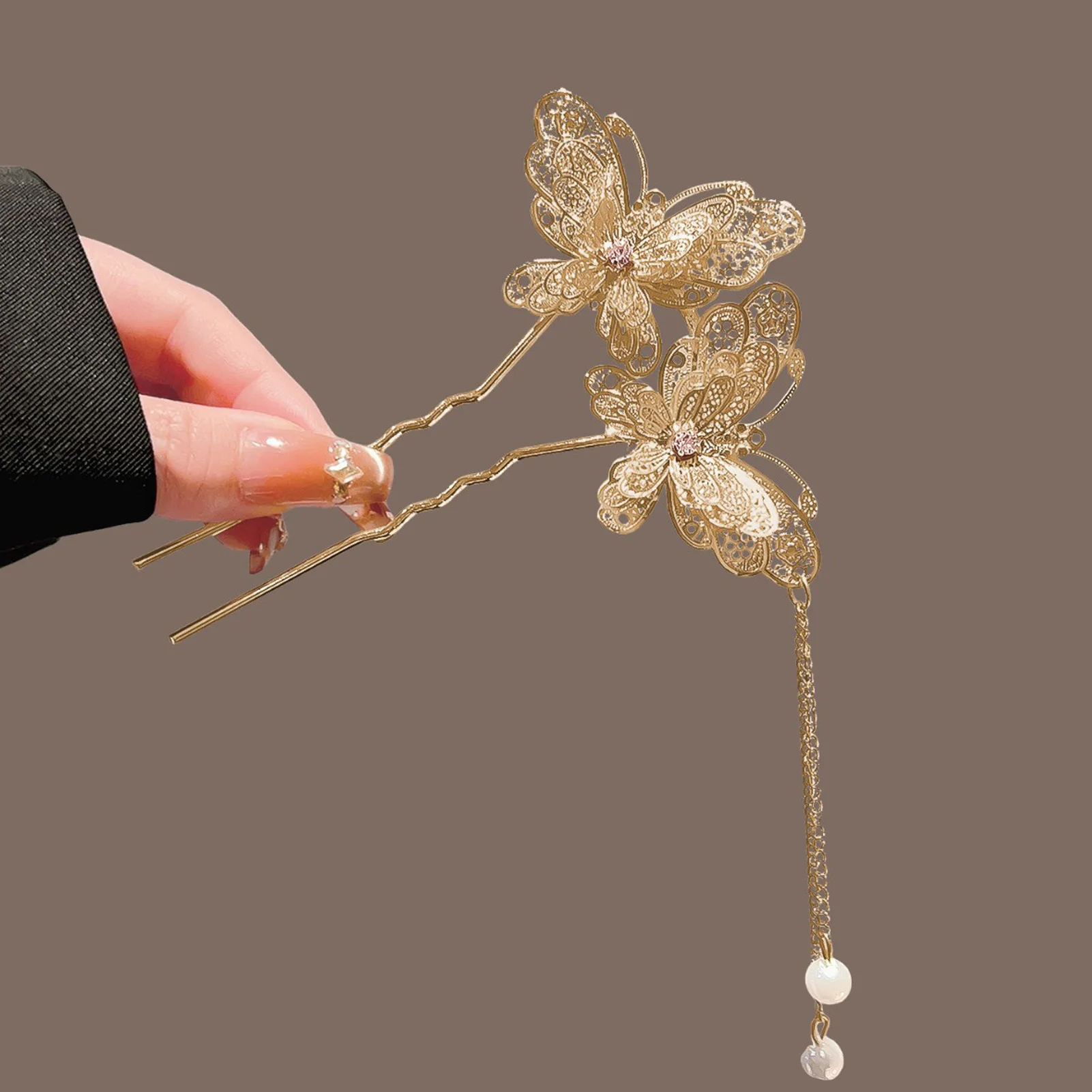 Neo Chinese Double Butterfly Tassel Hairpin Elegant Alloy Vintage Chinese Style For Wedding Party Daily Retro Outfit Women view 4