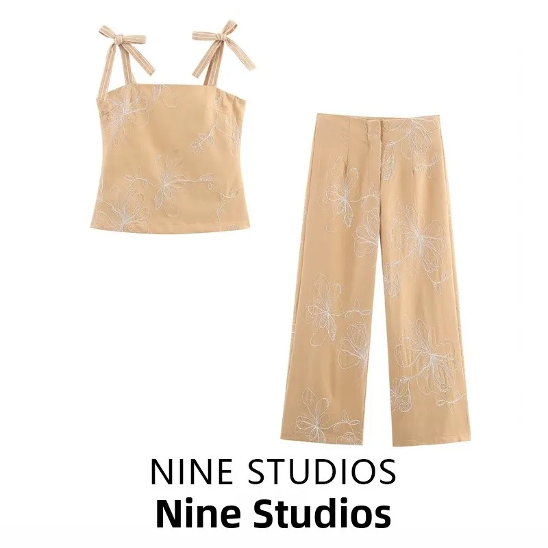 

NINE ZA Women's Embroidered Strap Vest Wide Leg Pants Long Pants Faion Set ort Sve V-Ne Overhead Two-Piece Suit