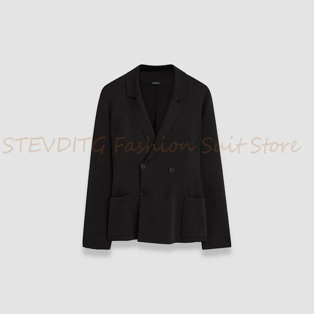 Elegante set da due pezzi da donna nero con doppio petto, giacca con risvolto e pantaloni, set da ufficio, banchetti, affari, abbigliamento femminile