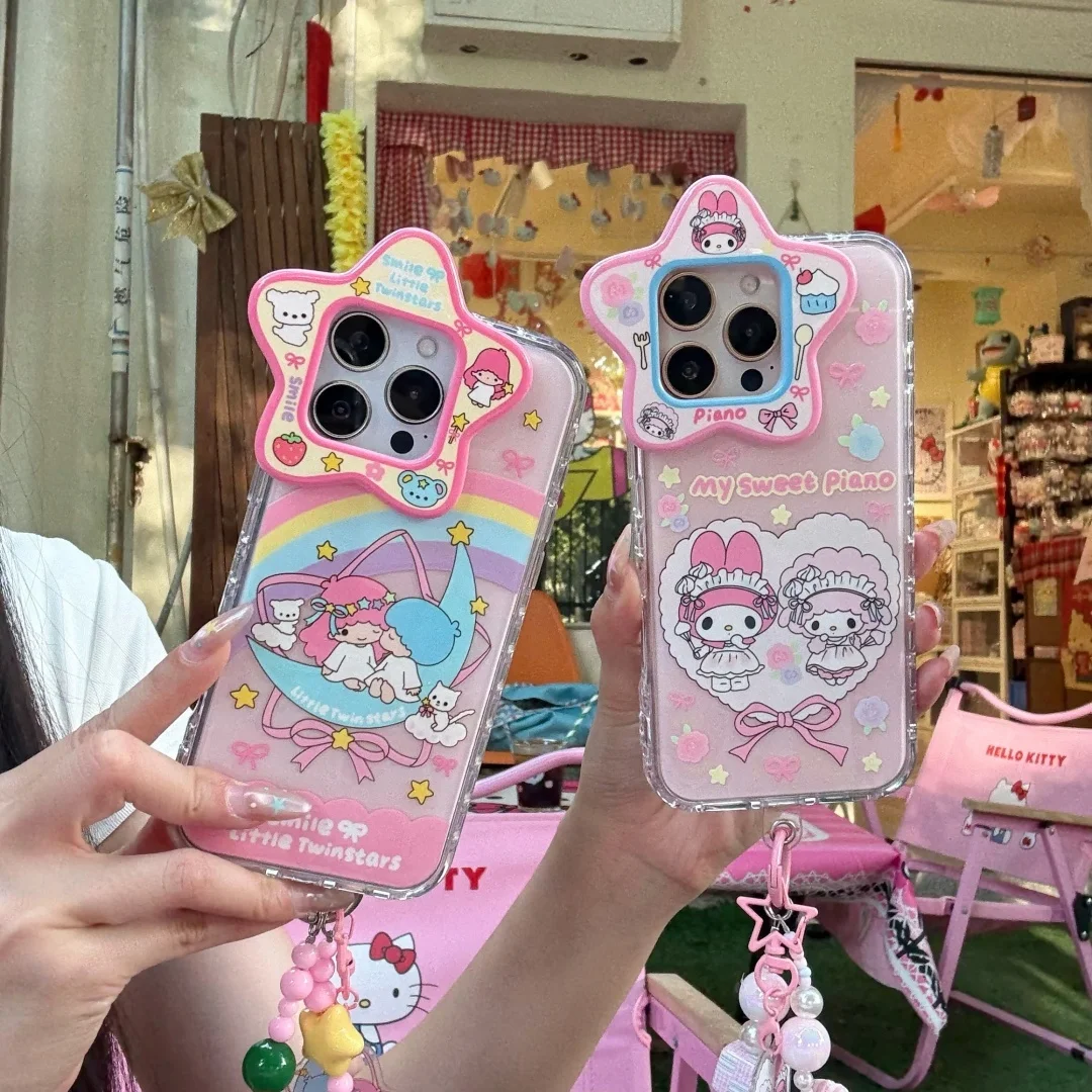 

Kawaii Melody Little Twin Stars Fashion Cartoon Camera Protection Phone Case for iPhone 16 Pro Max 14 Plus 15 13 Pro Cover