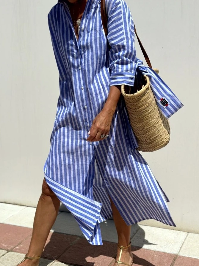 Women's Urban Commuter Dress 2024 Summer Autumn Latest Five Sleeve Striped Double Side Split Maxi Shirt Dress Collar Long Skirt