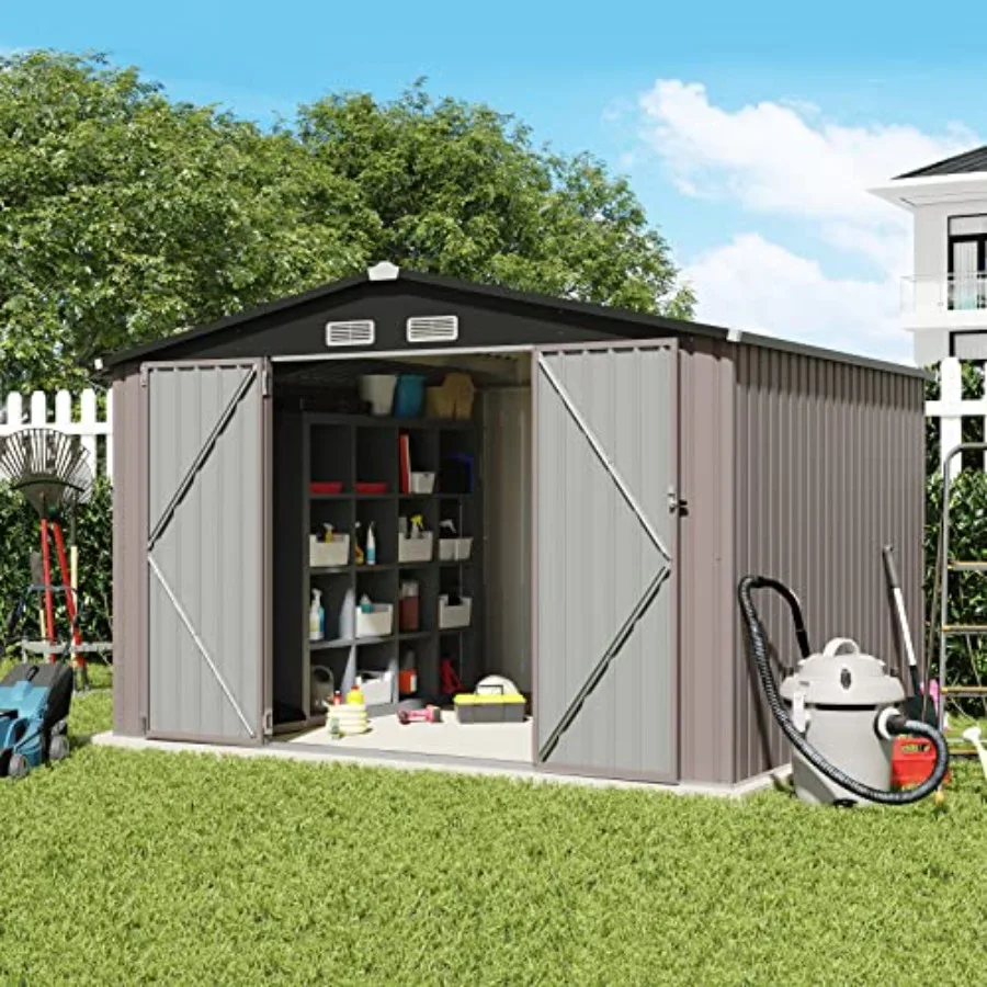 8'x10' Outdoor Storage Shed Large Galvanized Steel Metal Garden Shed with Double Door and Lock Rust-Resistant Gray Storage Hous