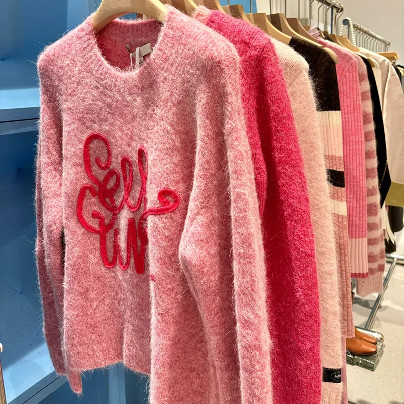 

HEIDD Commuter Sle Long Sve round Ne Sweater Pink Letter Print Winter Faion Women's Knitwear Straight Cut Wool Blend