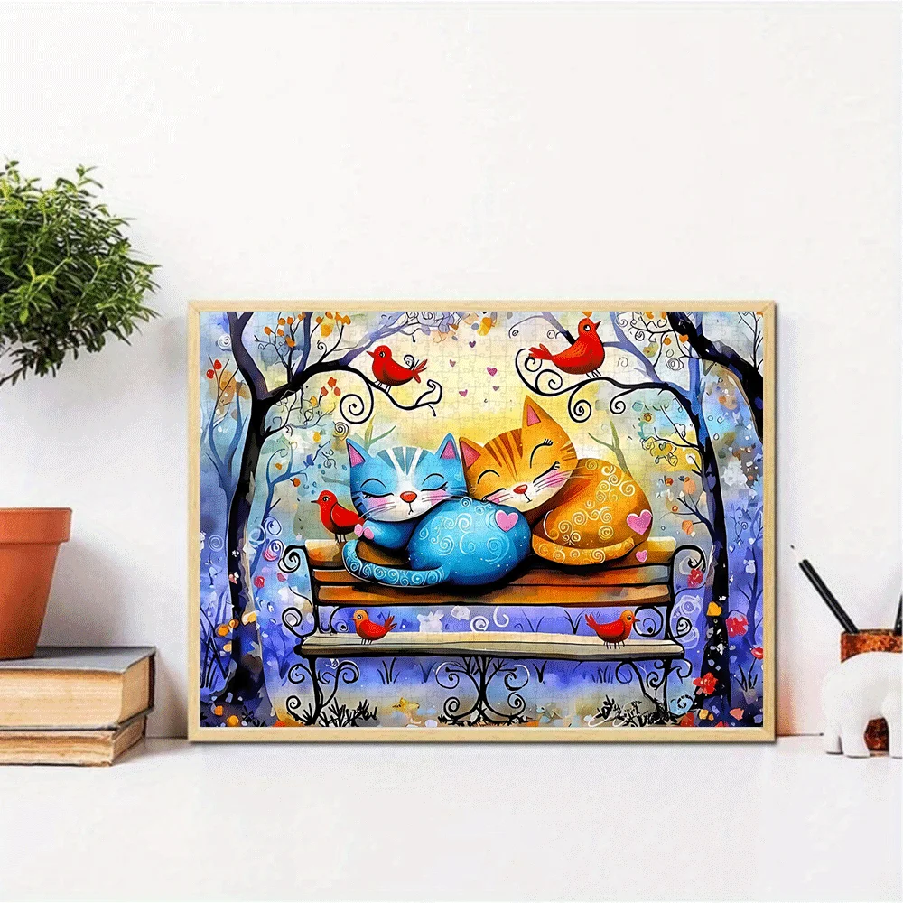 1000pcs Large Jigsaw Puzzle with Colorful Cats on Bench - Challenging Brain Suitable for Adults & Families, DIY Home Decor, Ca