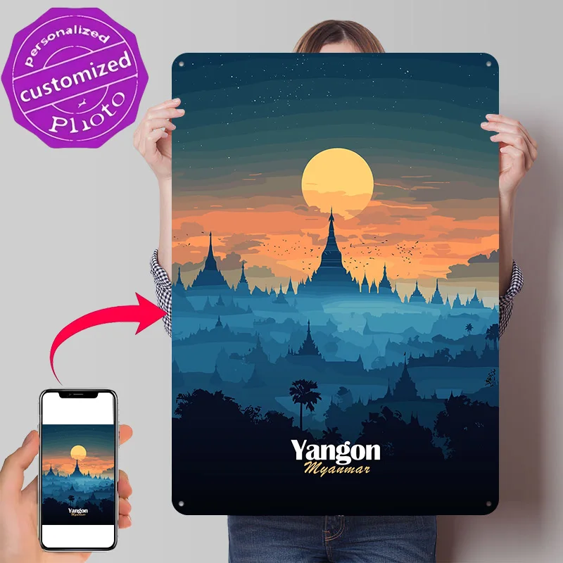 Yangon Skyline Sunset 3D Texture Printed Poster Custom Vintage Metal Tin Plate Sign for Wall Art Bedroom Decorations Funny Signs