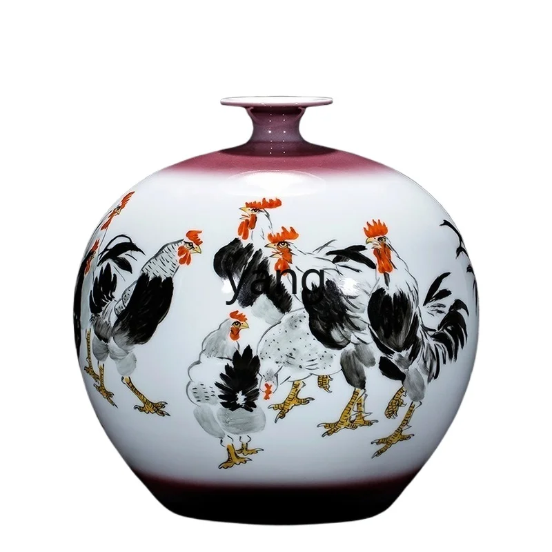 Yjq ceramic hand-painted pomegranate vase plum opening Wufu vase flower arrangement Chinese entrance porcelain ornament