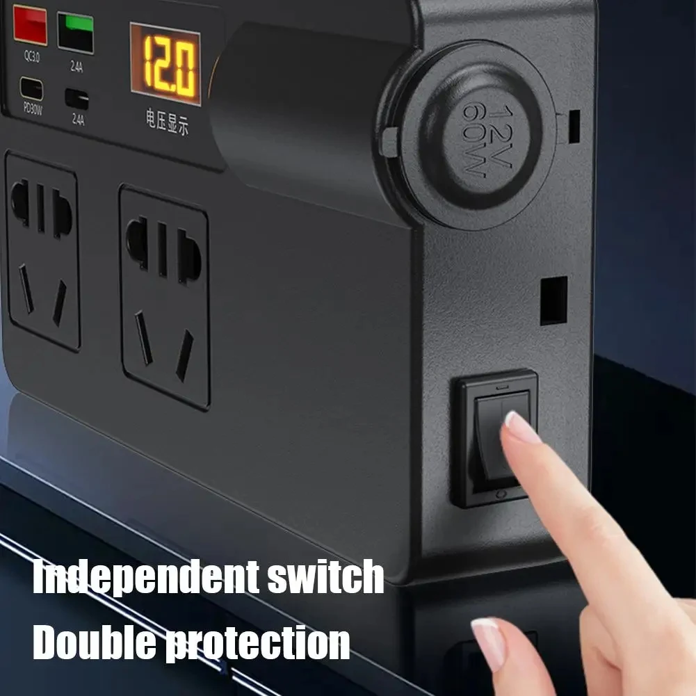 

200W DC To AC Car Inverter QC 3.0 USB/PD/Type-C Chargers Power Adapter Voltage Detection Device Digital Display
