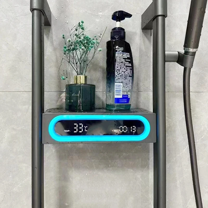 Modern Wall Mounted Constant Temperature SPA Rain Shower Panel Set with Storage Rack Smart Display Bathroom Donuts Shower System