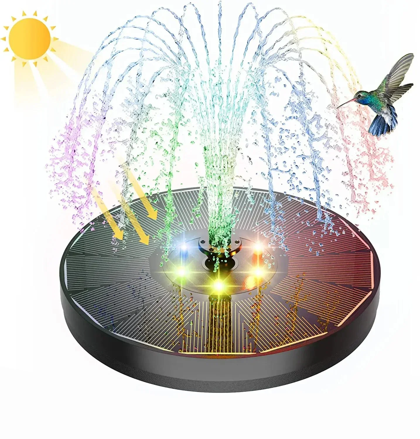 Pompe à eau de fontaine solaire 12LED, conception flottante 1200mAh avec buses et lumières LED colorées, idéale pour les bains d'oiseaux, les étangs de jardin