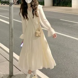 Flare Sleeve Dresses Women Spring Sweet Girls V-neck Ruffles Solid Simple Designed Korean Style Fairycore High Waist A-line Cozy