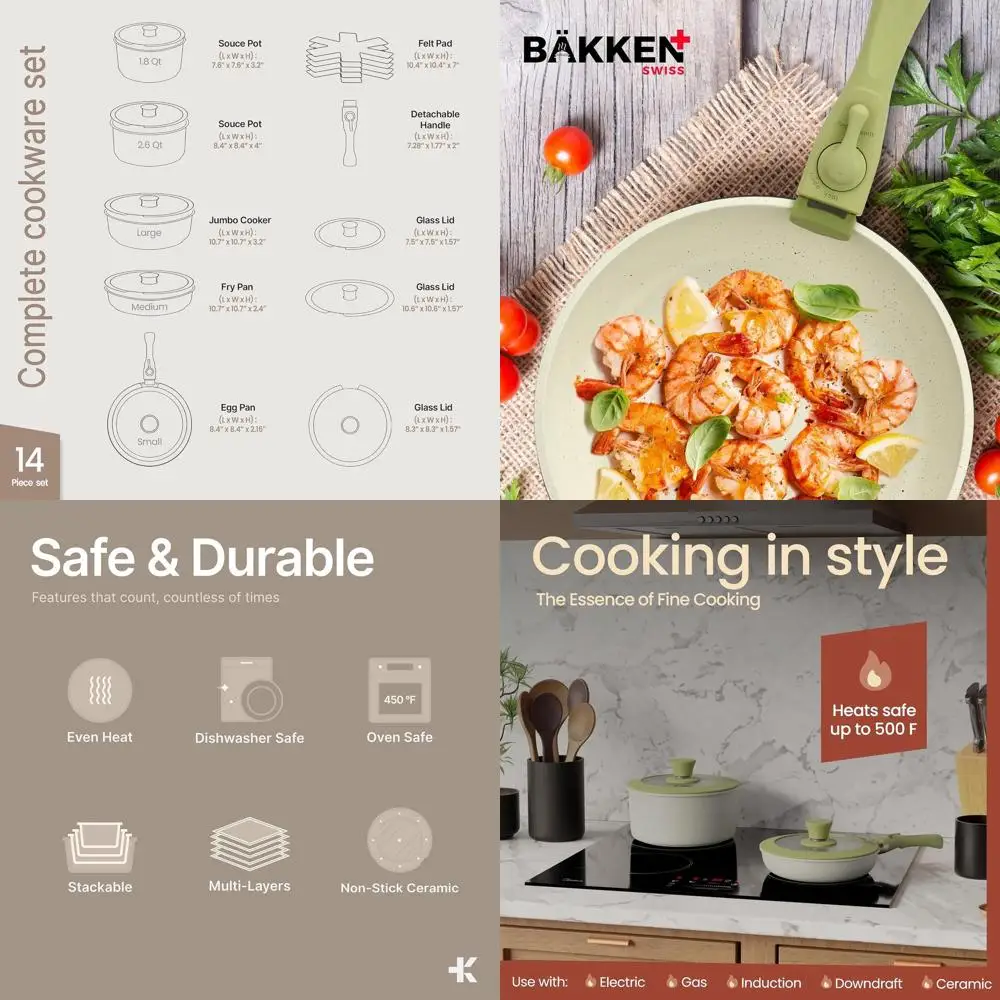 

15-Piece Non-Stick Ceramic-Granite Cookware Set with Detachable Handles, Stackable, Dishwasher Safe, Oven and All-Stove Compatib