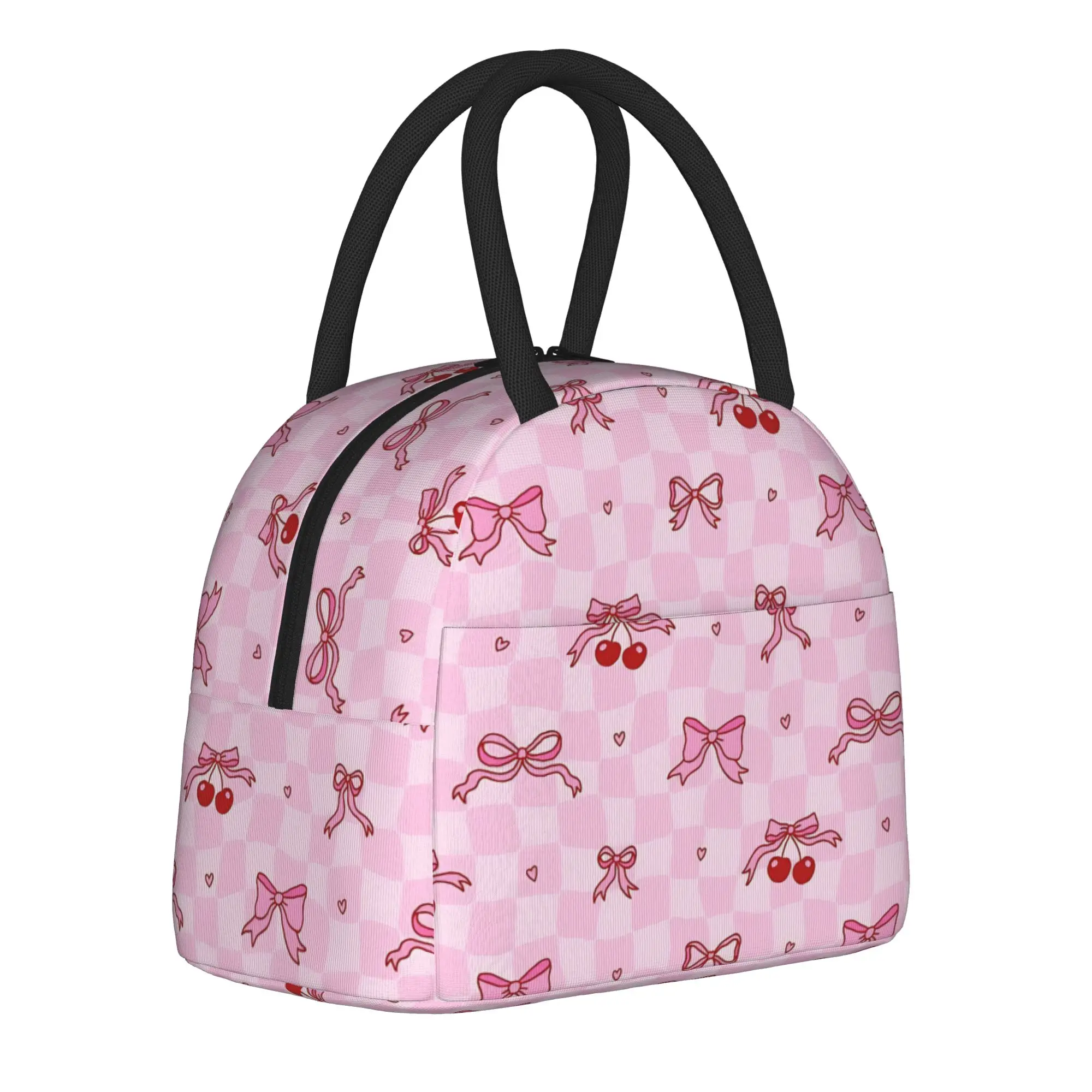 Cute Pink Checkered Insulated Lunch Bag High Capacity Pink Bow Cherry Pattern Reusable Thermal Bag Tote Lunch Box School Travel