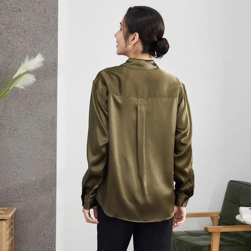 2022 nuova primavera autunno donna 93% vera seta camicie di fascia alta verde militare colletto rovesciato top Casual