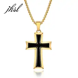 JHSL 55cm/60cm Box Chain Men Cross Necklace Pendants Silver Gold Color 316L Stainless Steel Fashion Jewelry