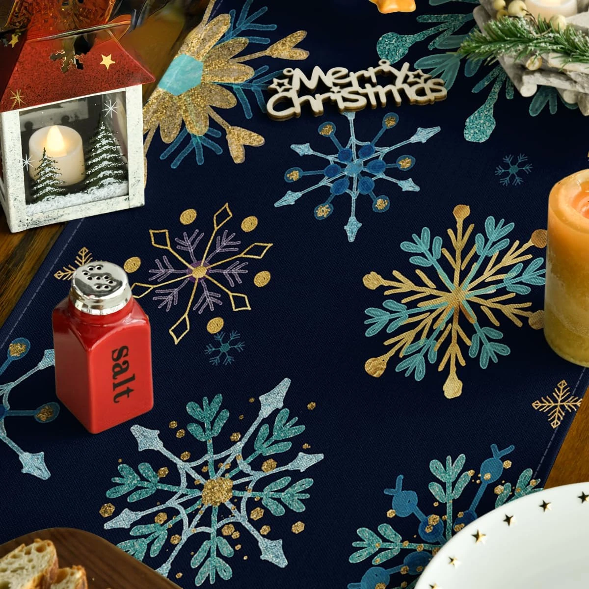 【Blue Snowflake】Linen Table Runner, Restaurant Kitchen Dining Table & Countertop Table Runner, Holiday Party Table Decor