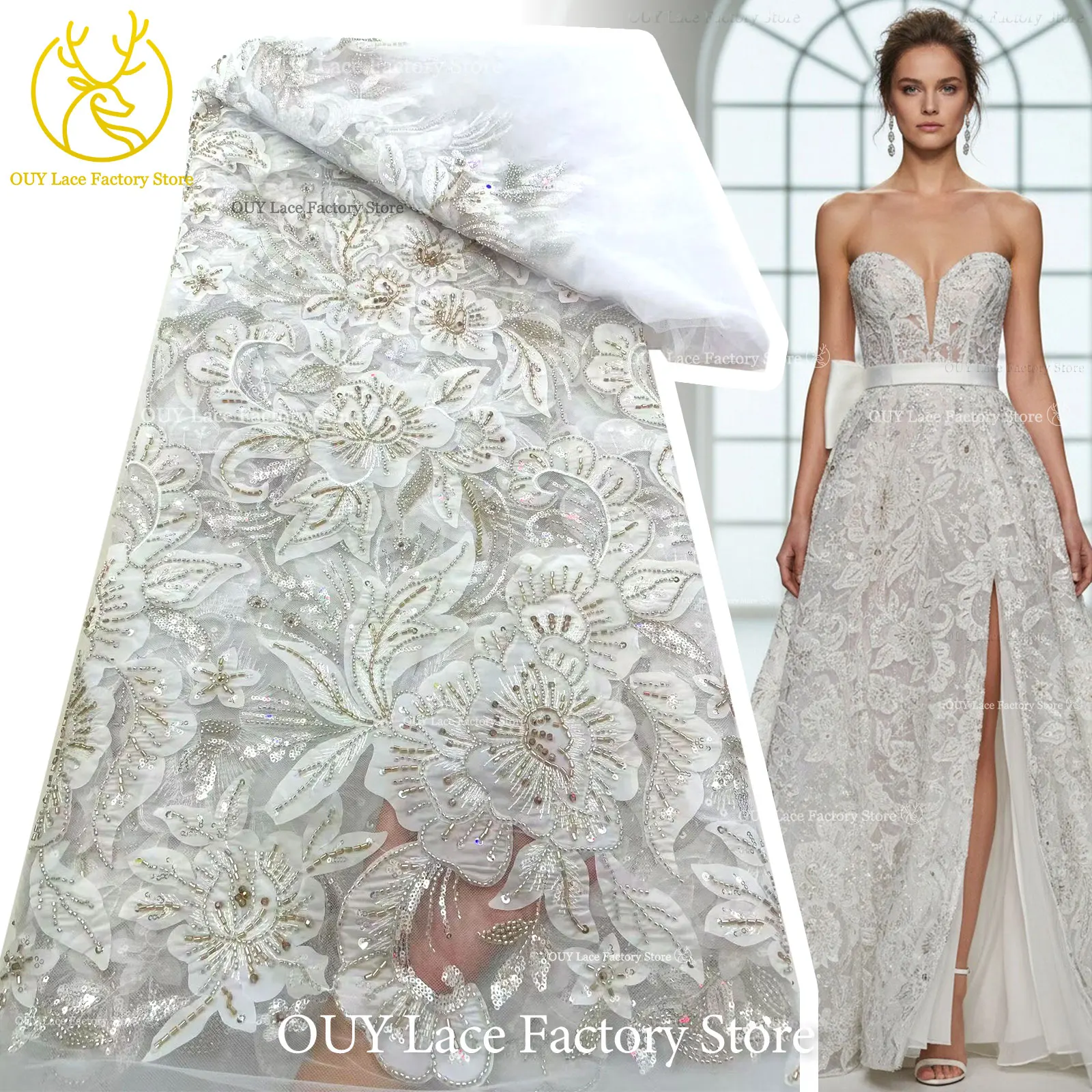 White 3D Handmade Stitching Embroidery Flower Fabric 2026 African Sequins Beaded Lace Fabric French Mesh Lace Wedding Sewing