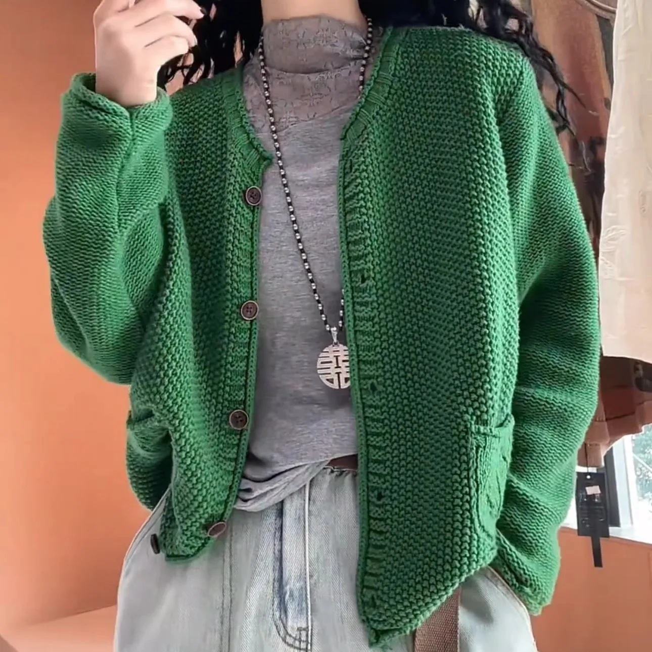 Ladies Fashionable Lazy Casual Pure Color Knitted Long Sleeve Loose Korean Version Single Button Coat Spring Autumn Winter
